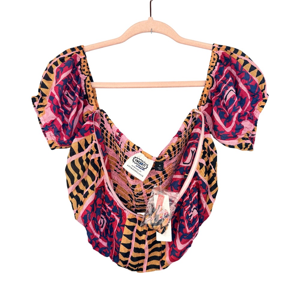 Incerti Anthropologie‎ Crop Top Womens M Pink Multi Smocked Off Shoulder Boho